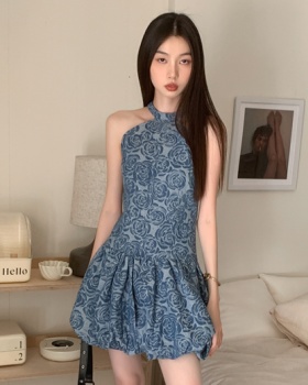 Blue spicegirl retro denim rose niche halter dress for women