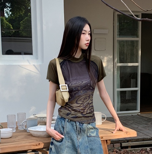 Short sleeve totem gauze printing T-shirt