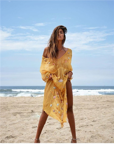 Embroidery sandy beach yellow long dress