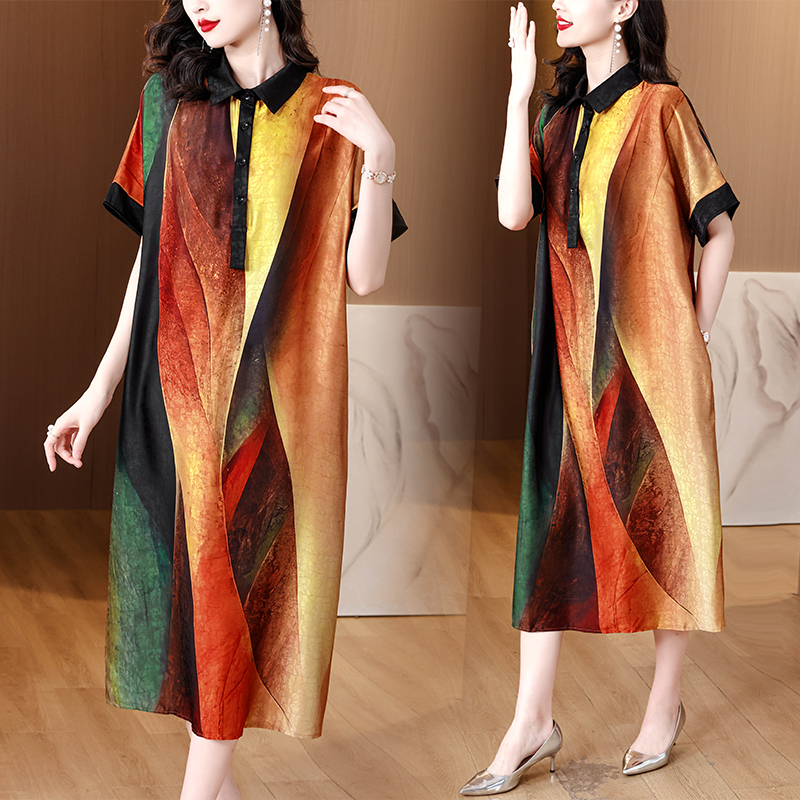 Loose silk long dress summer short sleeve dress for women