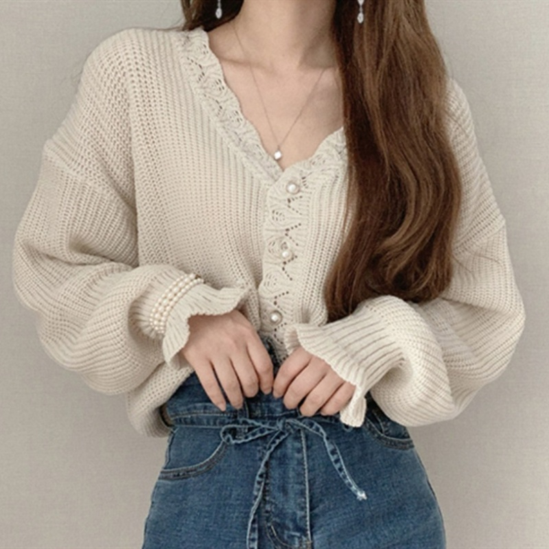 Breasted autumn sweater V-neck pearl cardigan for women