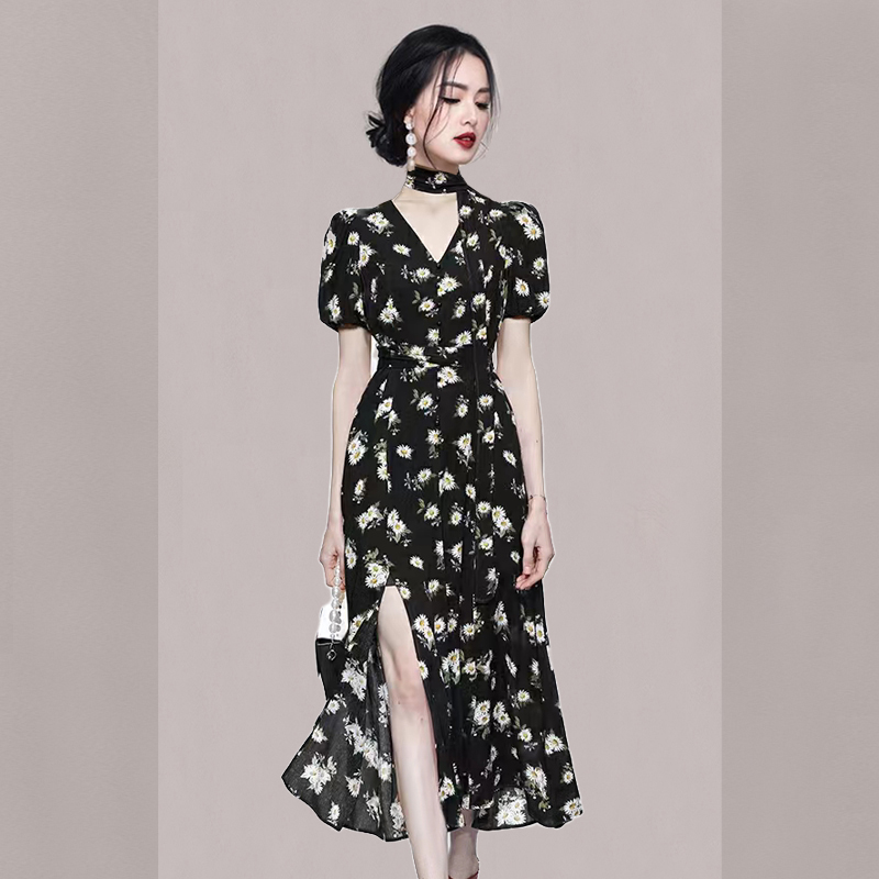 V-neck slim Korean style big skirt long split printing dress