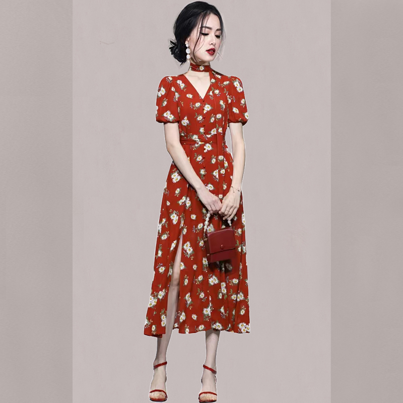 V-neck slim Korean style big skirt long split printing dress