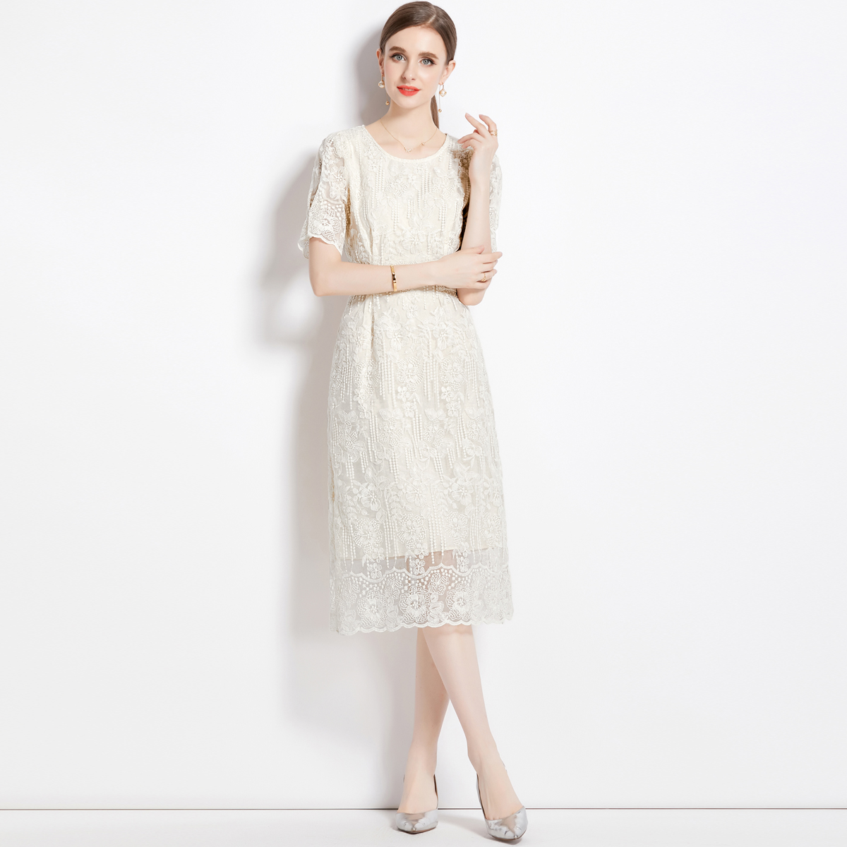 Embroidery lace France style pinched waist long dress