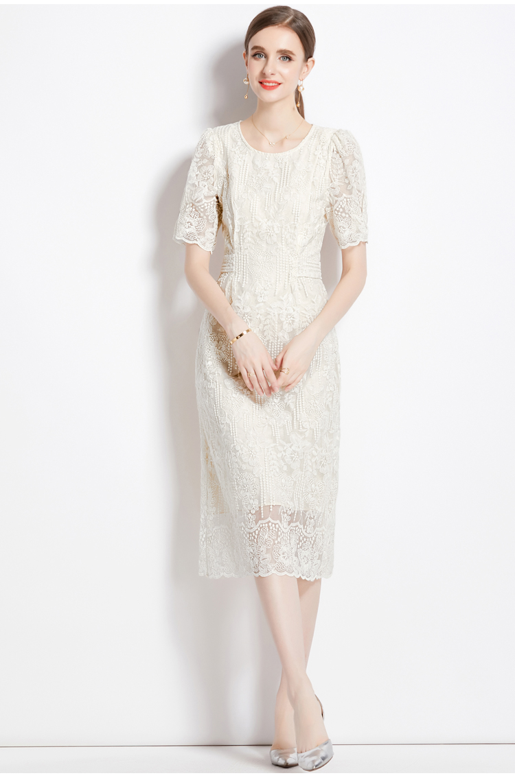 Embroidery lace France style pinched waist long dress