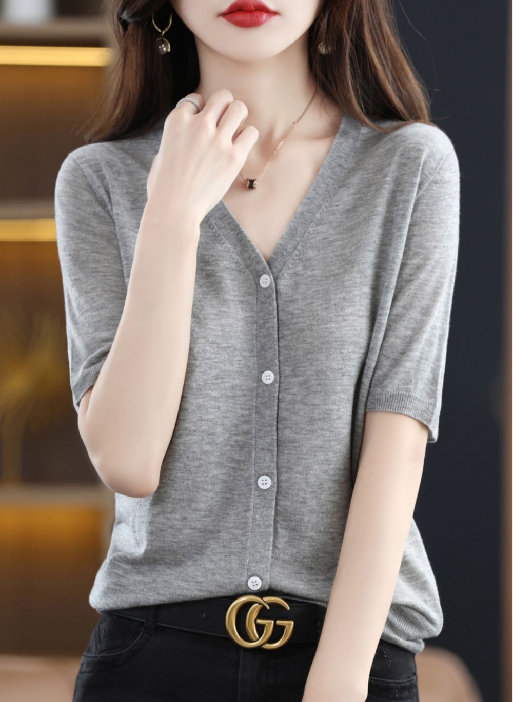 Short sleeve V-neck tops flax knitted coat for women