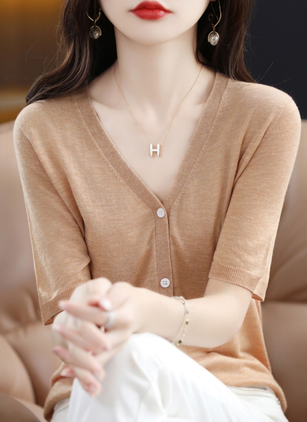 Short sleeve V-neck tops flax knitted coat for women