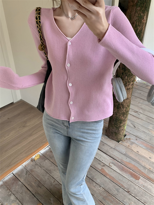 Autumn V-neck buckle cardigan knitted long sleeve tops