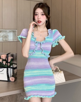 Knitted stripe rainbow summer dress for women