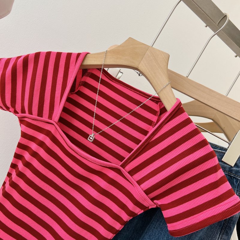Spicegirl square collar T-shirt summer stripe tops for women