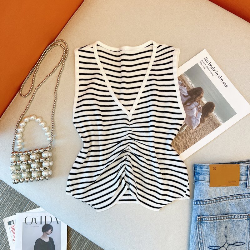 Fold stripe tops V-neck sleeveless vest for women