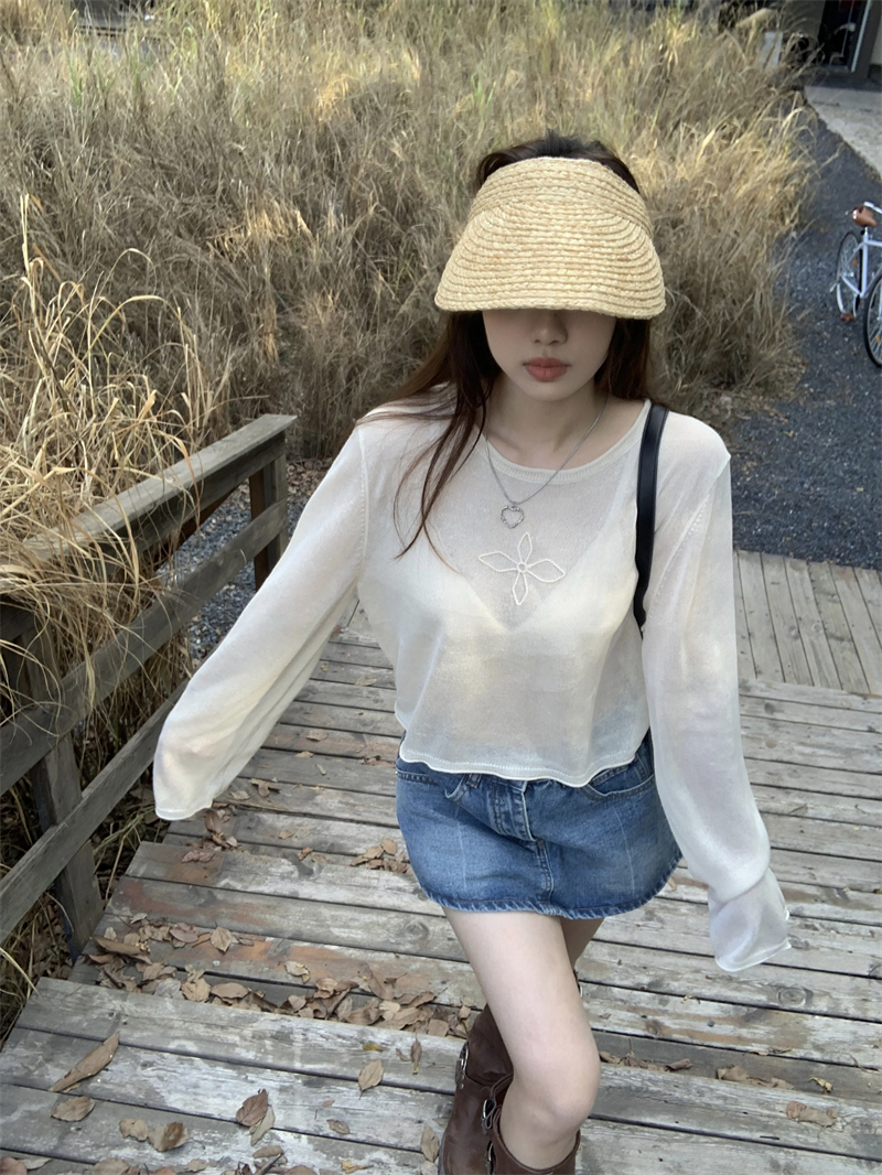 Thin pure sunscreen long sleeve embroidered knitted tops