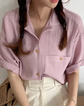 All-match Korean style pocket shirt stripe simple tops