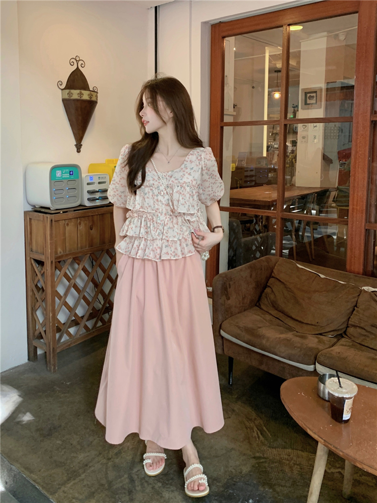 Korean style short sleeve skirt pink tops 2pcs set