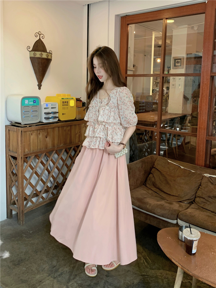 Korean style short sleeve skirt pink tops 2pcs set