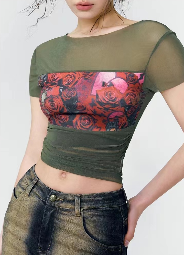 Rose summer retro all-match tight printing T-shirt for women