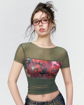 Rose summer retro all-match tight printing T-shirt for women