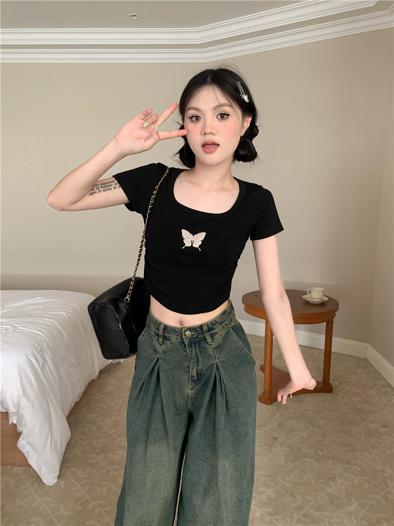 Short butterfly metal pinched waist square collar T-shirt