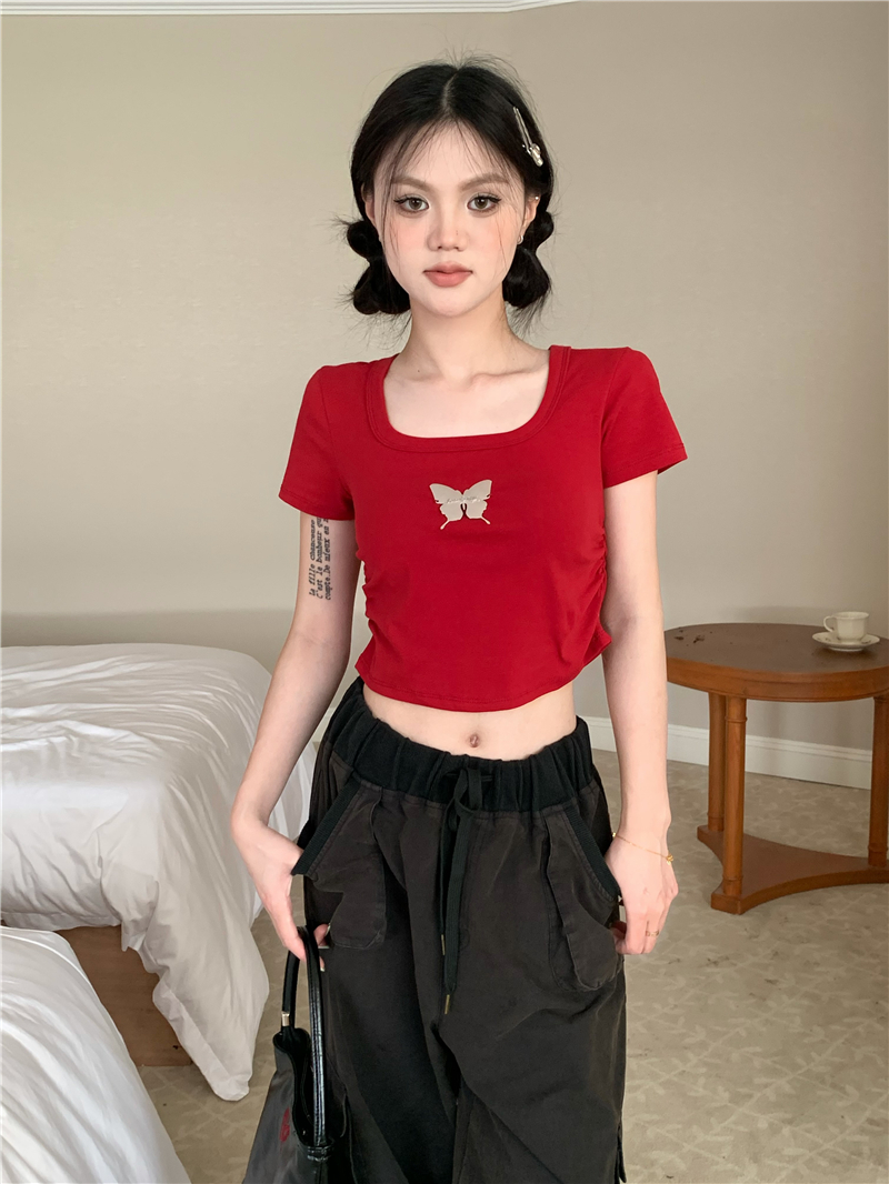 Short butterfly metal pinched waist square collar T-shirt