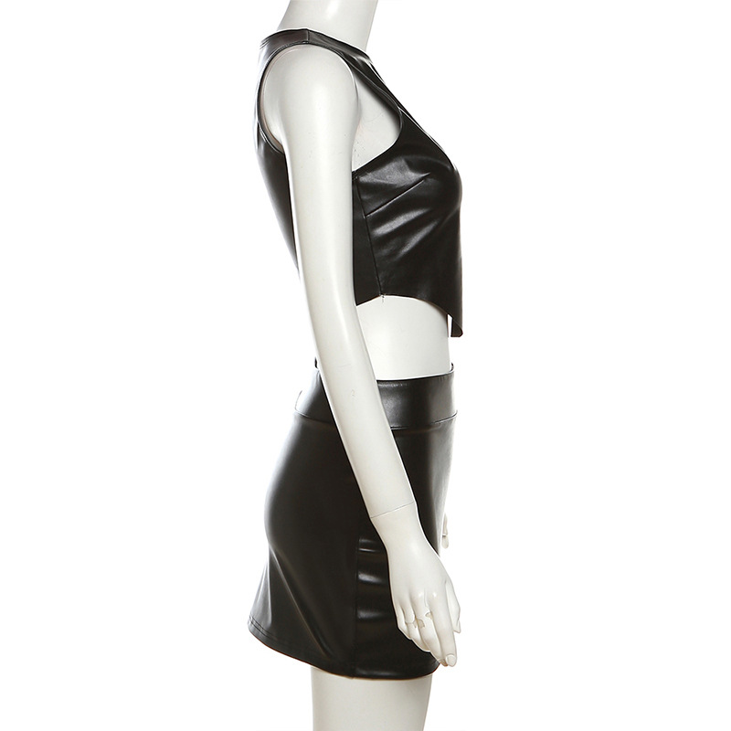 Sexy vest leatherette short skirt 2pcs set for women