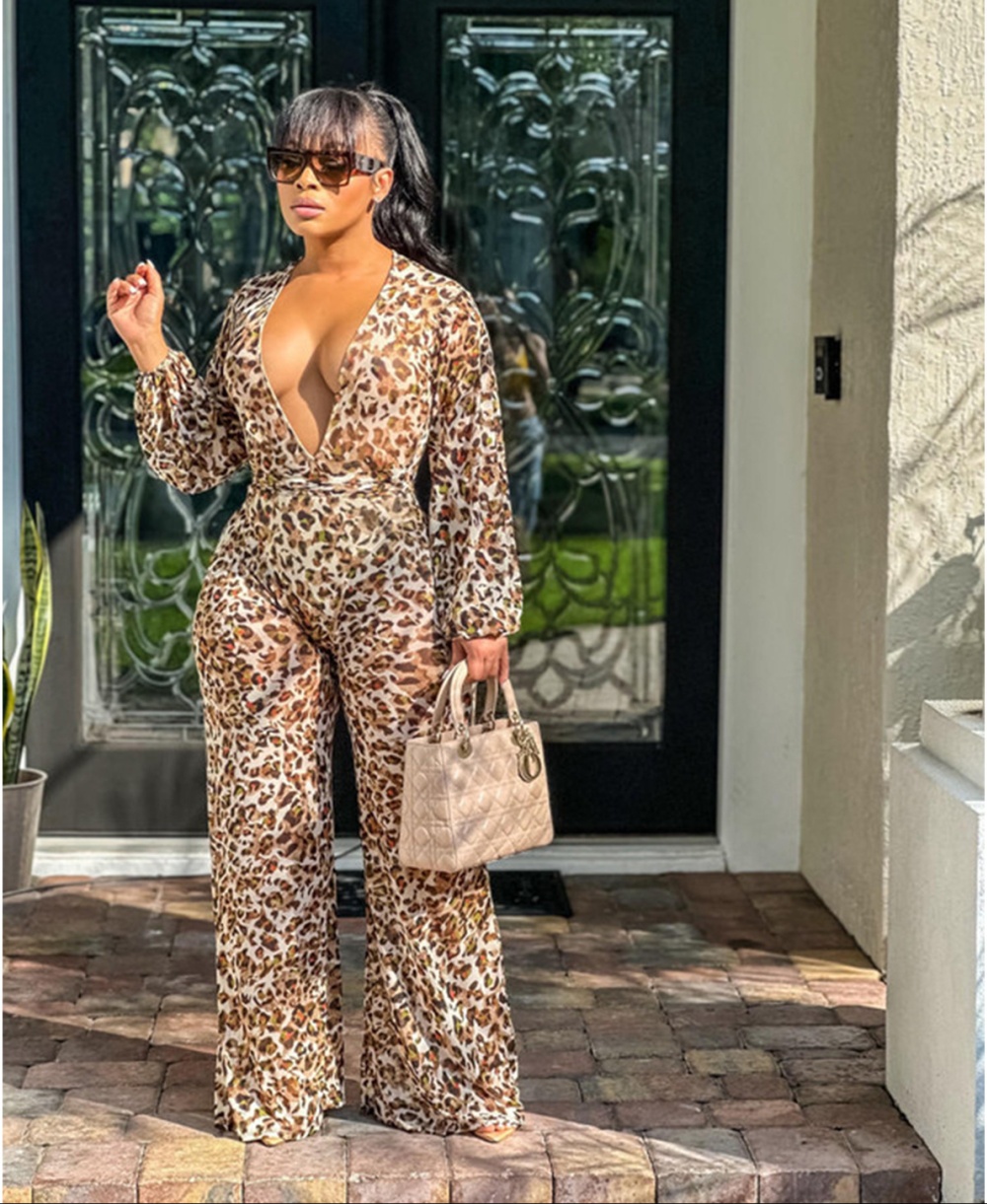 Long sleeve sexy long pants printing leopard jumpsuit