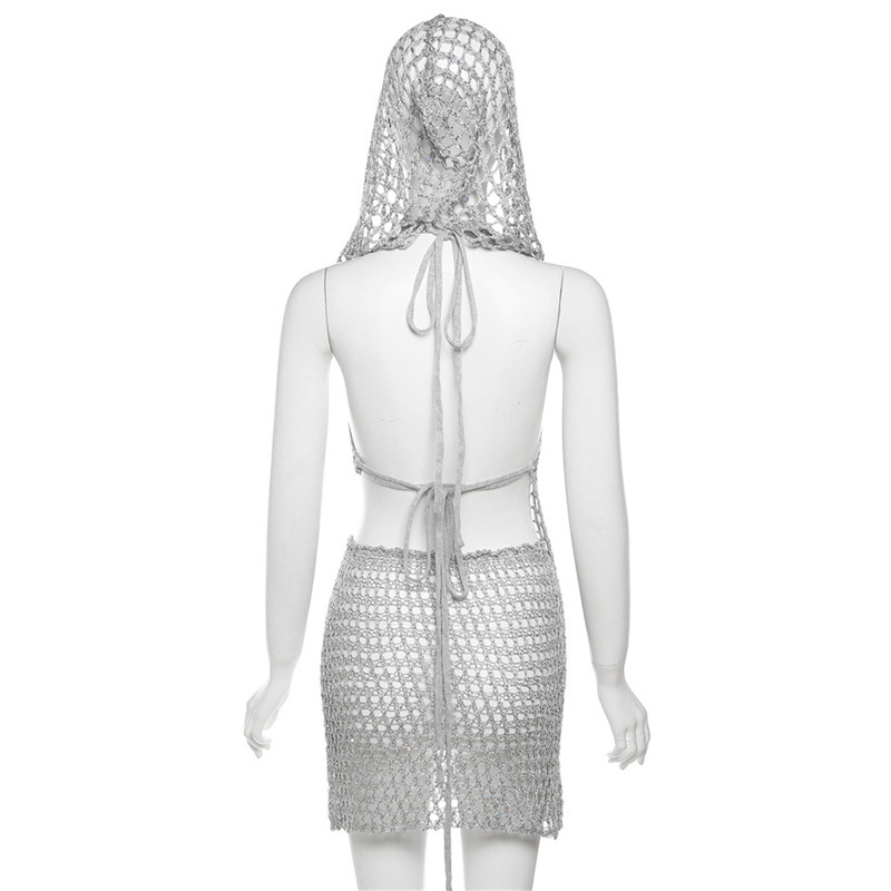 Sequins knitted tops high waist sexy short skirt a set