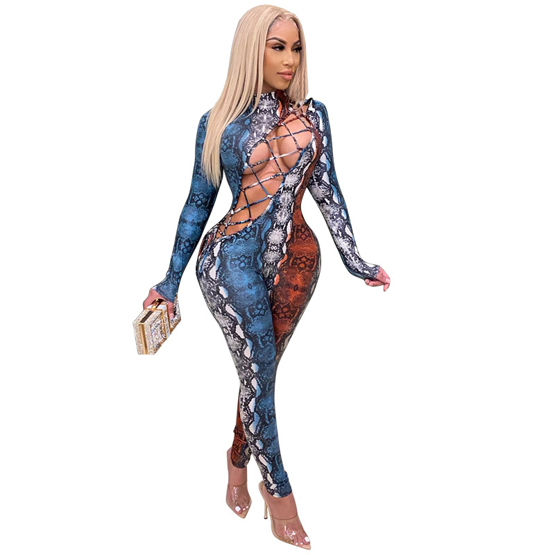 Printing sexy long sleeve bandage jumpsuit for women