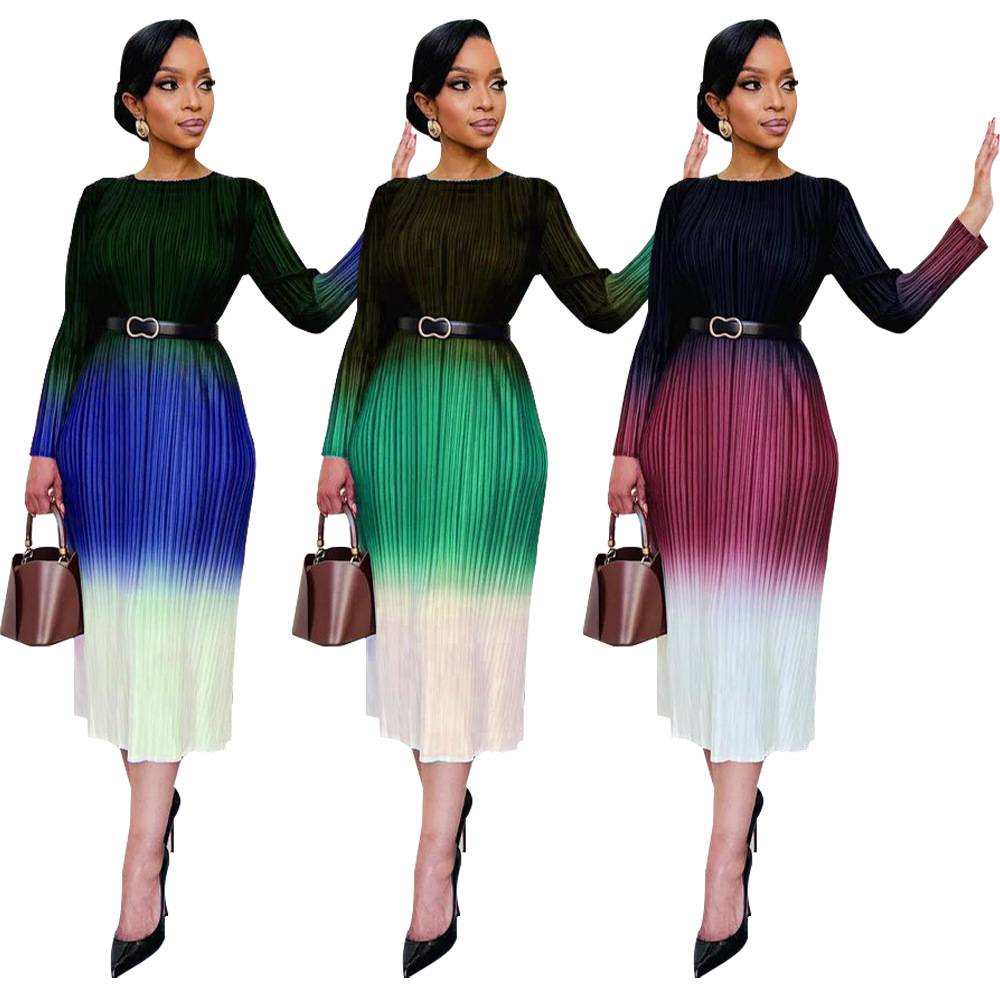 Long sleeve European style printing crimp gradient dress