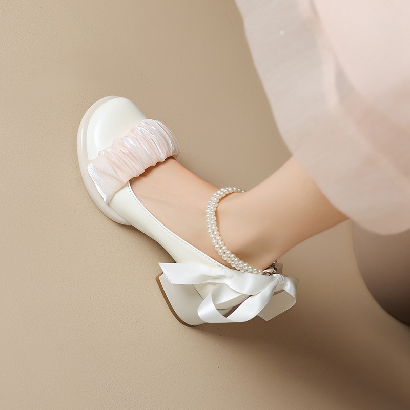 Round retro shoes pearl high-heeled shoes for women