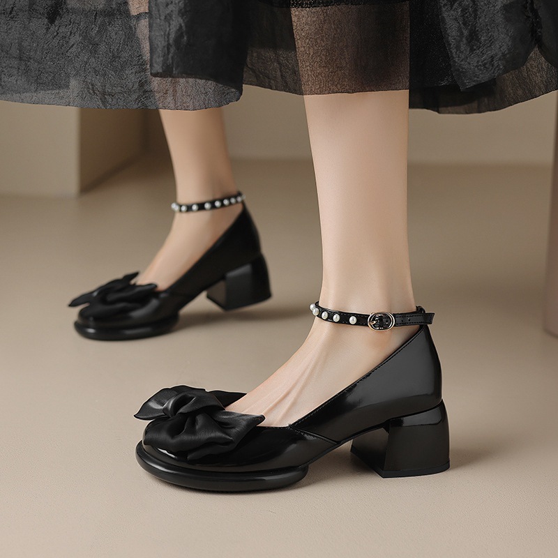 Retro pearl bow shoes large yard autumn high-heeled shoes