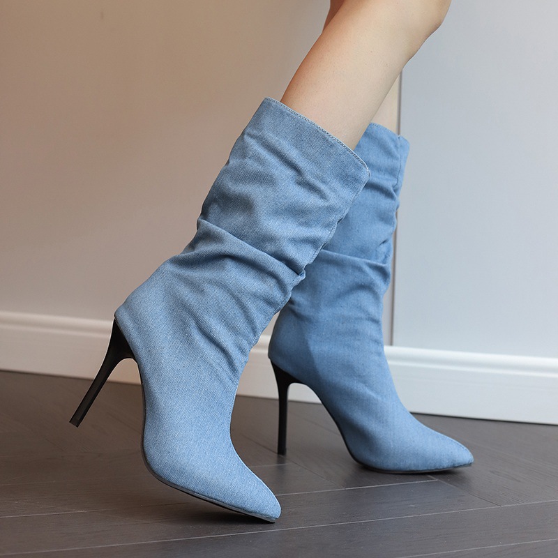 Pointed high-heeled women's boots denim short boots