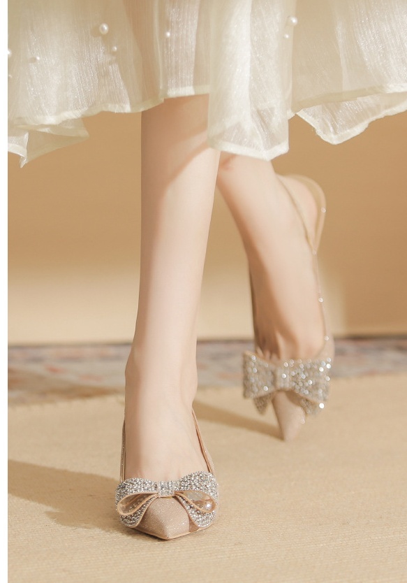 Sheepskin bow sandals summer pointed high-heeled shoes
