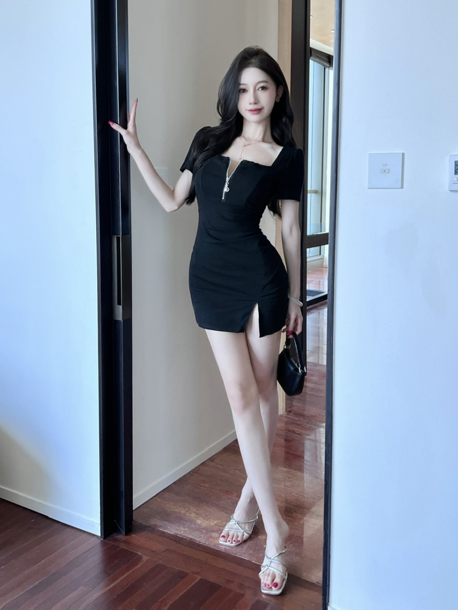 Cotton package hip short sleeve front zip sexy dress
