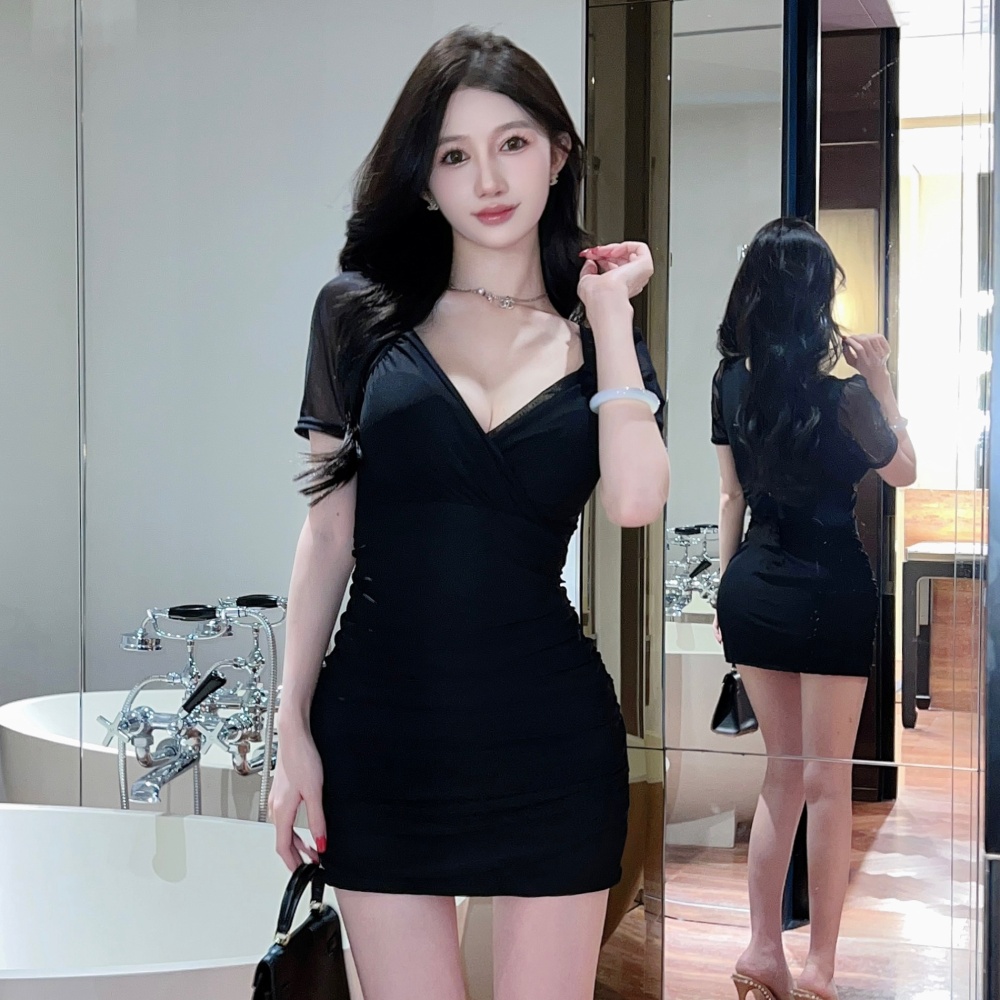 Package hip pure low-cut sexy gauze dress