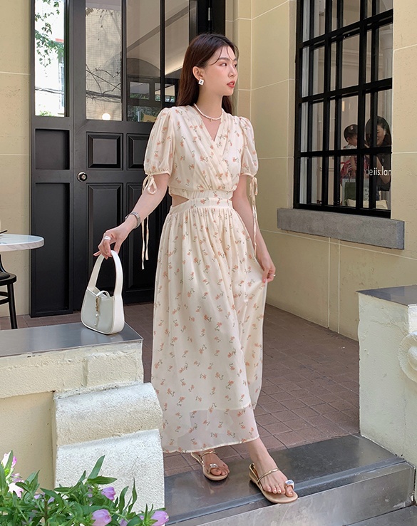 Printing short sleeve floral long summer dress for women