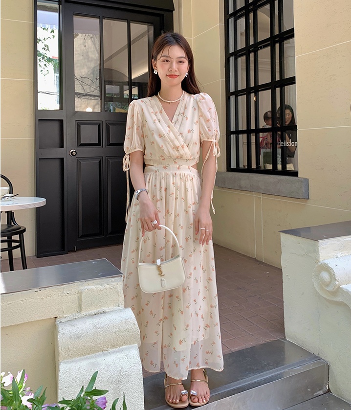 Printing short sleeve floral long summer dress for women