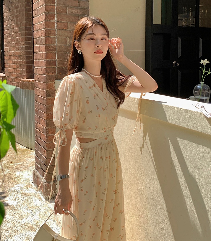 Printing short sleeve floral long summer dress for women