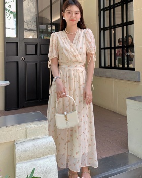 Printing short sleeve floral long summer dress for women