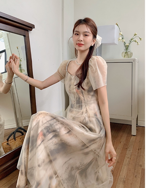 Summer floral square collar gauze splice chiffon dress