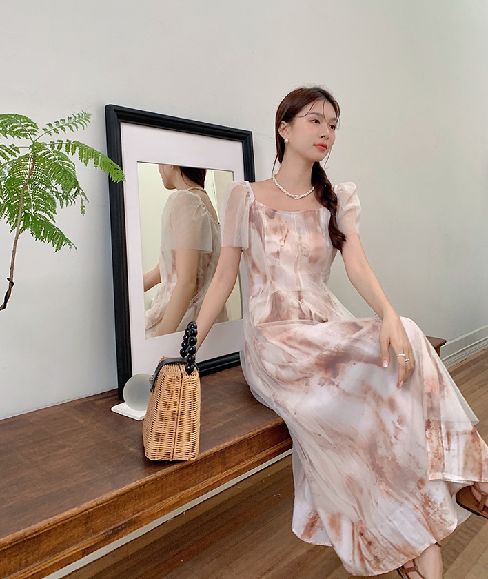 Summer floral square collar gauze splice chiffon dress