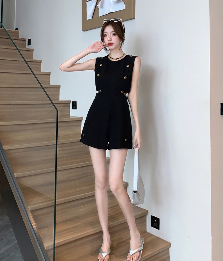 High waist double-breasted hollow jacquard jumpsuit