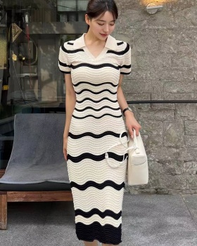 Knitted short sleeve stripe ice silk Korean style dress