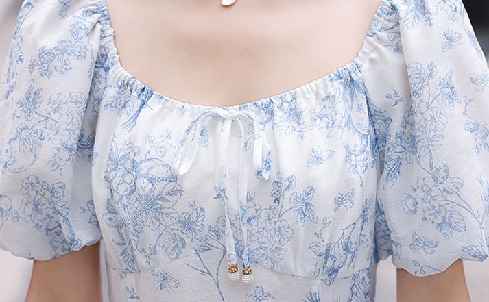 Puff sleeve retro floral U-neck summer chiffon dress for women