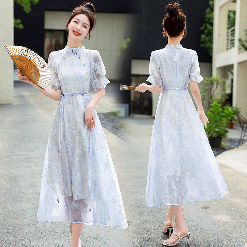 Printing chiffon cheongsam summer dress for women