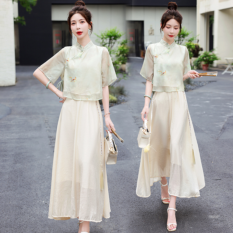 Chinese style cheongsam summer skirt 2pcs set