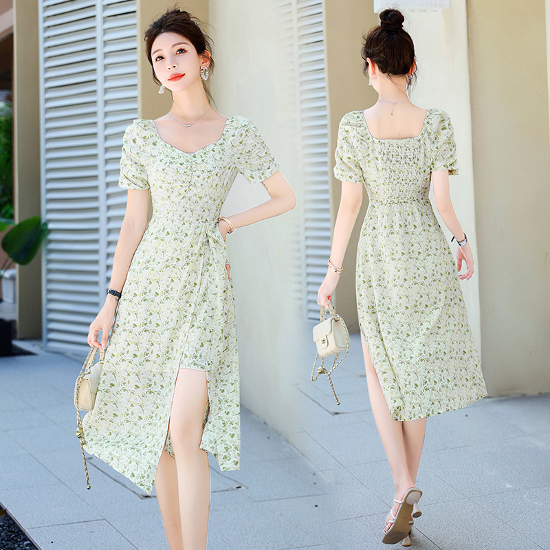 Summer chiffon floral green France style puff sleeve dress