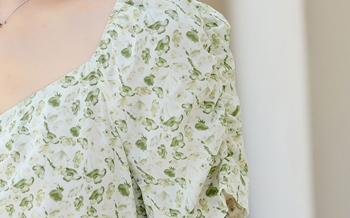 Summer chiffon floral green France style puff sleeve dress