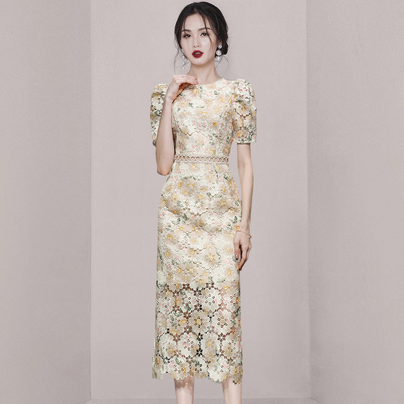 Hollow summer lace puff sleeve embroidery dress for women