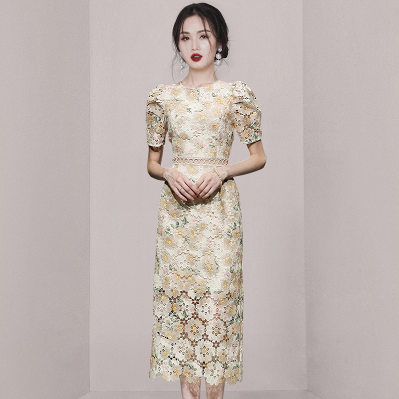 Hollow summer lace puff sleeve embroidery dress for women