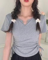 Drawstring V-neck slim tops spicegirl all-match T-shirt